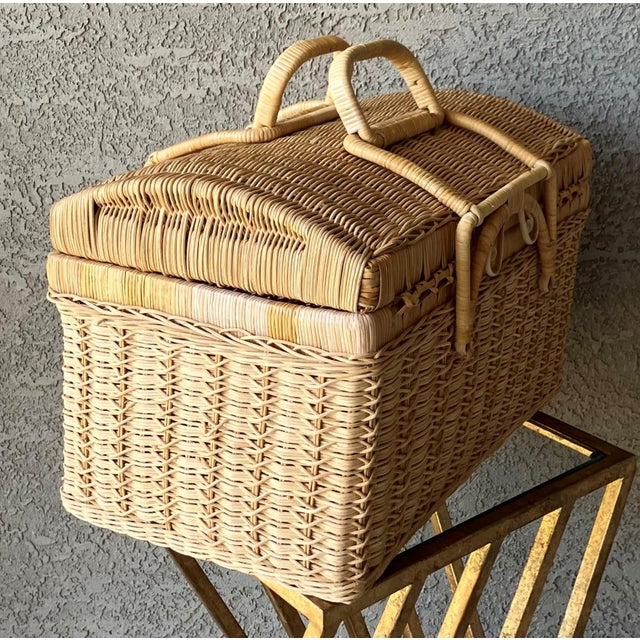 Cabin Circa 1970 Coastal Chic Nicely-Sized Decorative Rattan Sewing Basket With Folding Latch Handles For Sale - Image 3 of 15