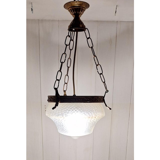 Metal Antique Ceiling Lamp with Ornate Brass Frame and Original Glass Shade, 1890s For Sale - Image 7 of 7