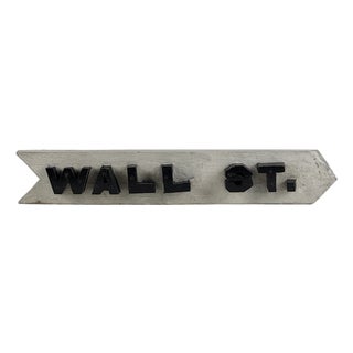 Vintage Small Double Sided "Wall St." Wooden Arrow Shaped Sign With Raised Lettering, Circa 1940s For Sale