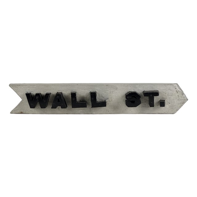 Vintage Small Double Sided "Wall St." Wooden Arrow Shaped Sign With Raised Lettering, Circa 1940s For Sale