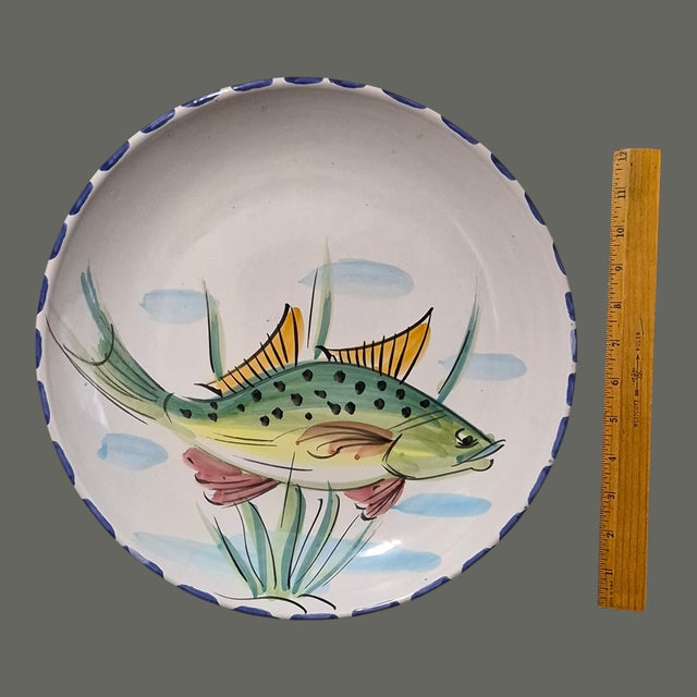 Ceramic Vintage Coastal Vietri Italy Hand Painted Fish Large Platter 15'' Diameter For Sale - Image 7 of 11