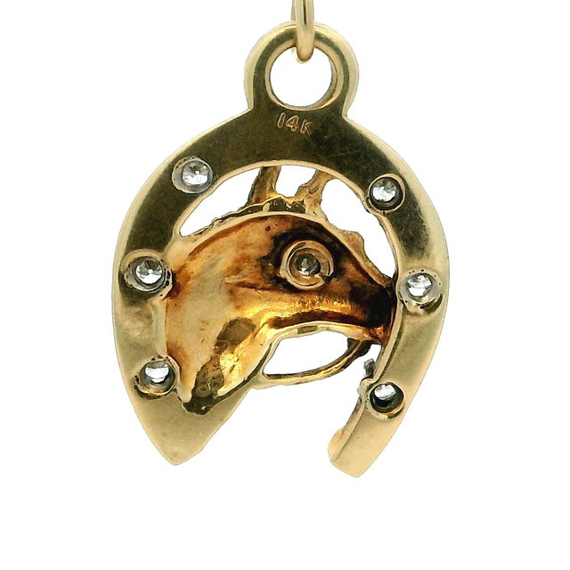 1970s Vintage 14k Gold Diamond Horse Head and Horseshoe Pendant For Sale - Image 5 of 8