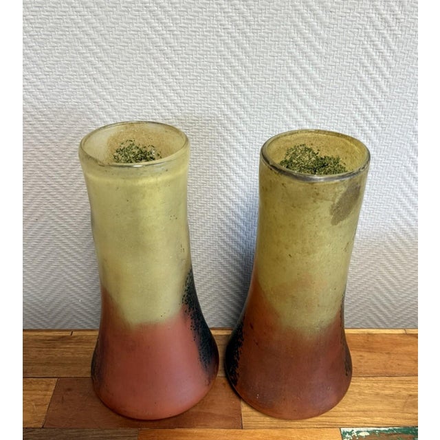 Tinted Glass Roller Vases with Lakeside Landscape and Fishermen after Legras, 1890s, Set of 2 For Sale - Image 4 of 7