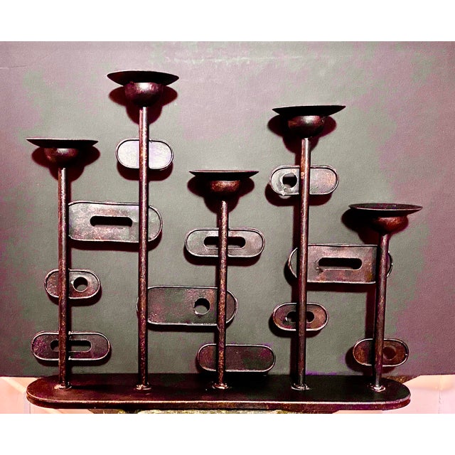 Abstract Striking Abstract Cubist Colorful Sculpture MCM Black Metal Candle Stand Unsigned For Sale - Image 3 of 7