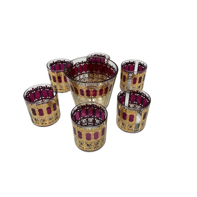 Vintage Culver Cranberry Scroll Cocktail Set, 6 Rocks Glasses and Ice Bucket. 22-karat gold filigree scroll work in a...