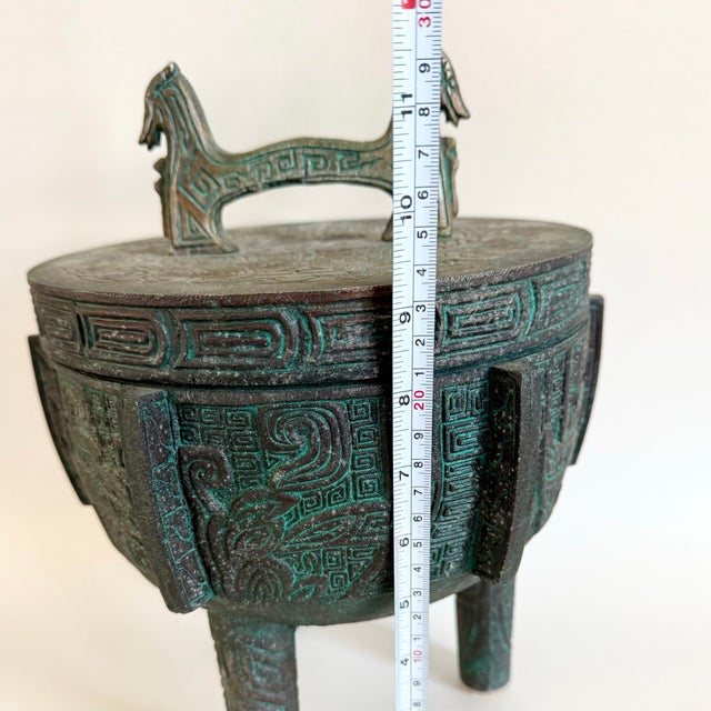 Metal 1960s Mid Century Modern James Mont Ice Bucket Asian Aztec Mayan Patinated Bronze VTG For Sale - Image 7 of 9