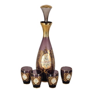 Vintage Venetian Hand-Blown Amethyst Art Glass Decanter Set 11.5" With 4 Cordials For Sale