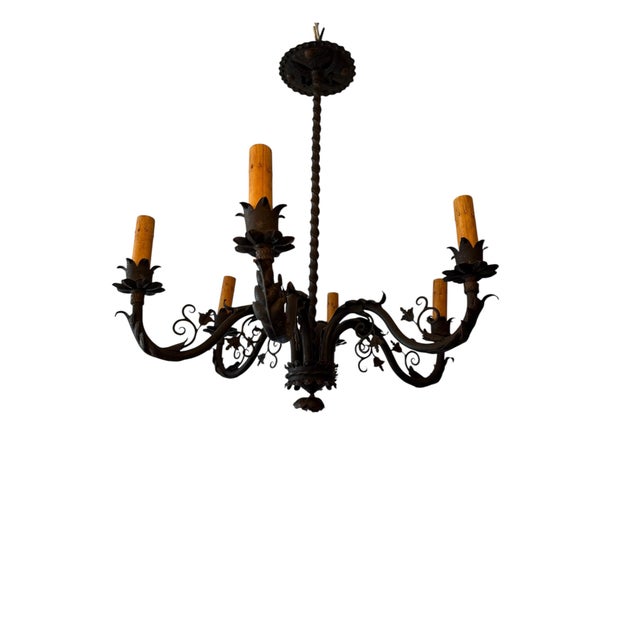 Early 20th Century Antique Hand Forged Iron Chadelier With Acanthus Leaves, Roses and Botanicals For Sale - Image 5 of 8
