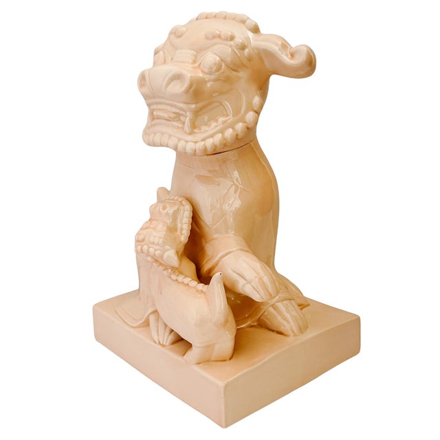 Large Scale Vintage Monochrome Blush Pink Glazed Ceramic Foo Dogs - A Pair For Sale In San Diego - Image 6 of 17
