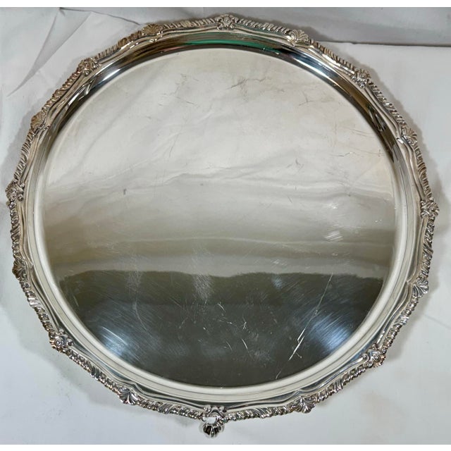 Silver Antique Frank Cobb & Co. Scalloped Edge Silver Plate Serving Tray With Ornate Rim & Falcon Talon Feet From England - Circa 1920 For Sale - Image 8 of 12