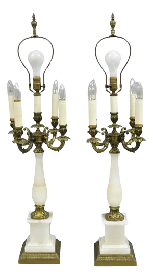 Vintage French Empire Alabaster Column Brass Metal Candelabra Table Lamps - Pair