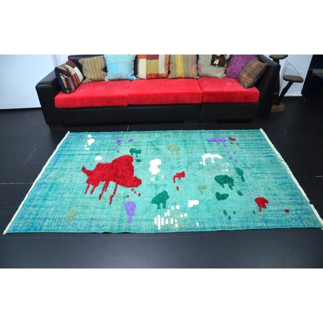 Boho Chic Vintage Pompom Design Turkish Handmade Turquoise Rug For Sale - Image 3 of 11