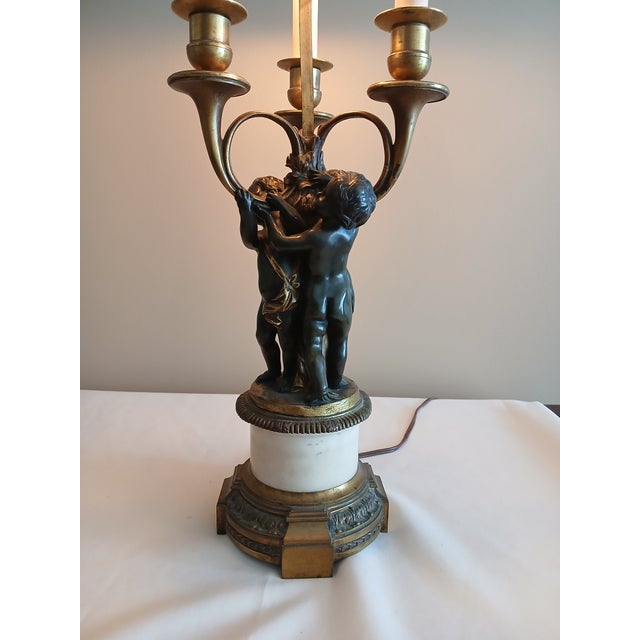 Antique Brass, Bronze, and Marble Cherub Bouillotte Lamp For Sale - Image 4 of 18