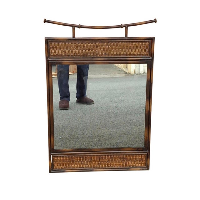 20th Century Pagoda Style Faux Rattan Metal and Wicker Wall Mirror For Sale - Image 4 of 8