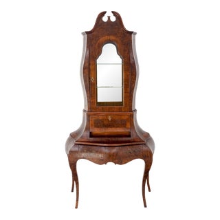 Italian Burl Olive Wood Bombe Style Drop Front Secretary W/ Hutch Shelves For Sale