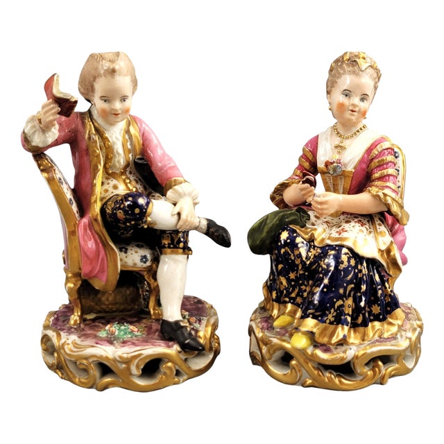 Porcelain Model 314 Reading Gentleman and Tatting Lady from Derby, Set of 2 For Sale