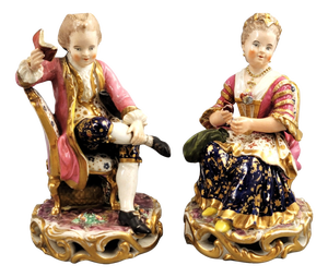 Porcelain Model 314 Reading Gentleman and Tatting Lady from Derby, Set of 2