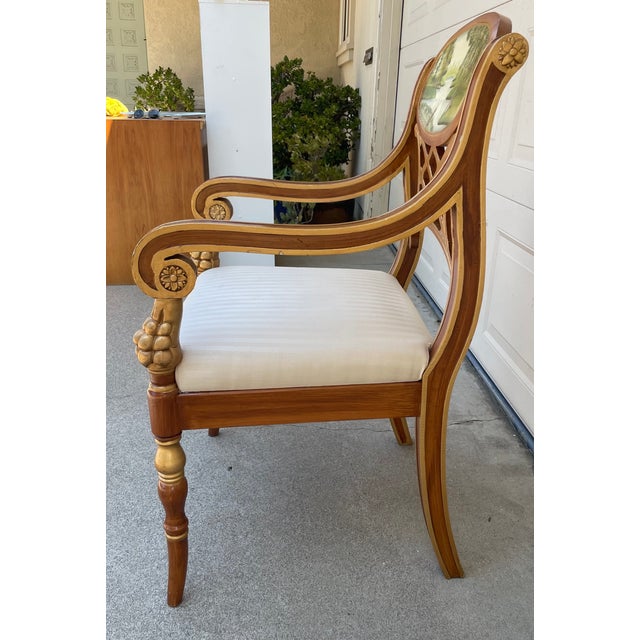 Vintage Italian Neoclassical Regency Hand-Painted Landscape Medallion Reticulated Armchair With Gilt Accents, 38" For Sale - Image 9 of 16