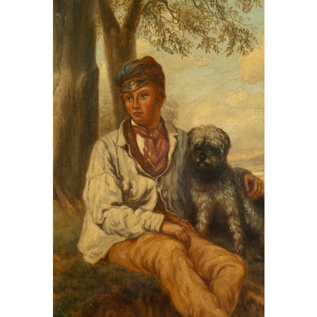Textile English 1880s Oil on Canvas Painting of a Boy with His Dog in Antique Gilt Frame For Sale - Image 7 of 12
