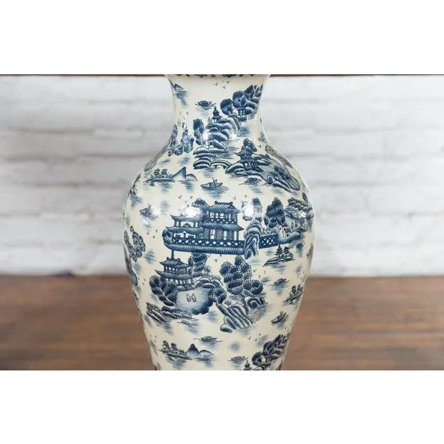 Ceramic Vintage Chinese Blue & White Porcelain Vase with Landscapes & Architectures For Sale - Image 7 of 13