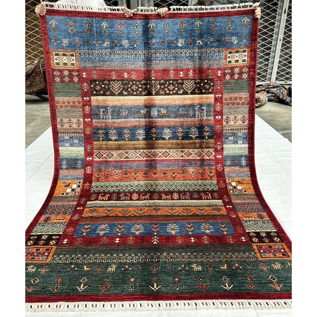 Red Multicolor Afghan Khorjin Hand-Knotted Wool Rug - 8'0" X 5'9" For Sale - Image 8 of 14