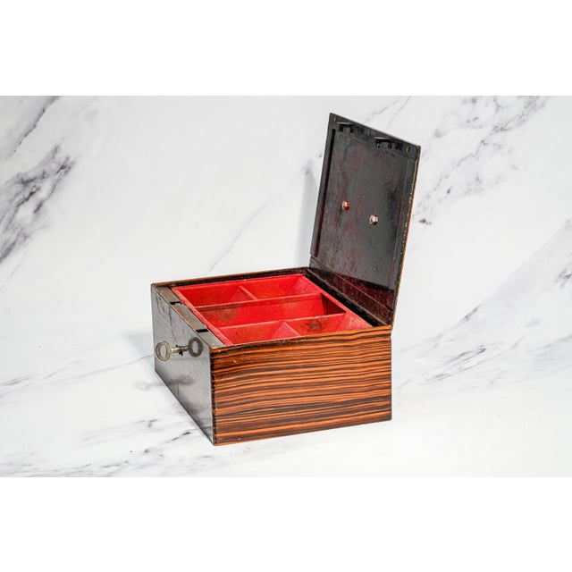Amazing Antique Painted Faux Wood Metal Lock Strong Box With Key Home Office Decor For Sale - Image 9 of 16
