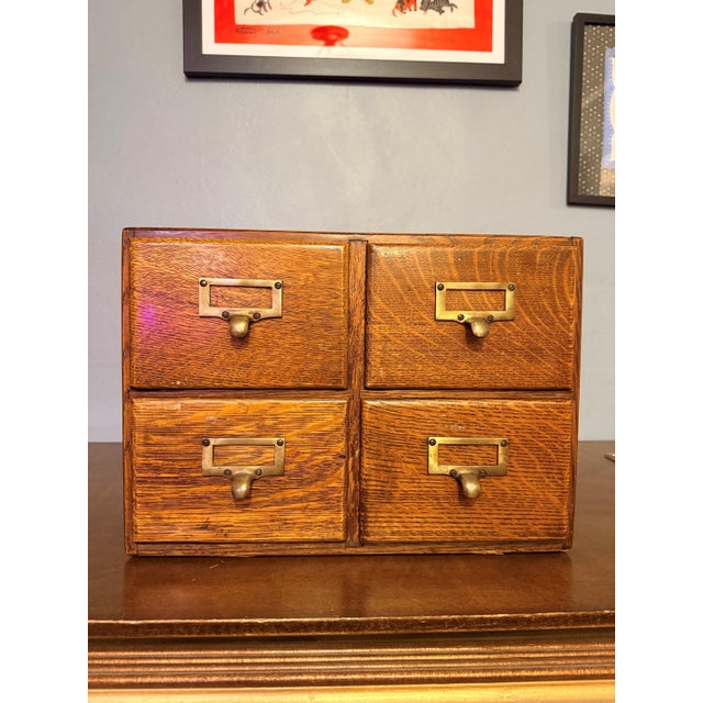 Vintage Macey Library Card Catalog – Four Drawer Wood Cabinet With Brass Hardware For Sale - Image 12 of 13