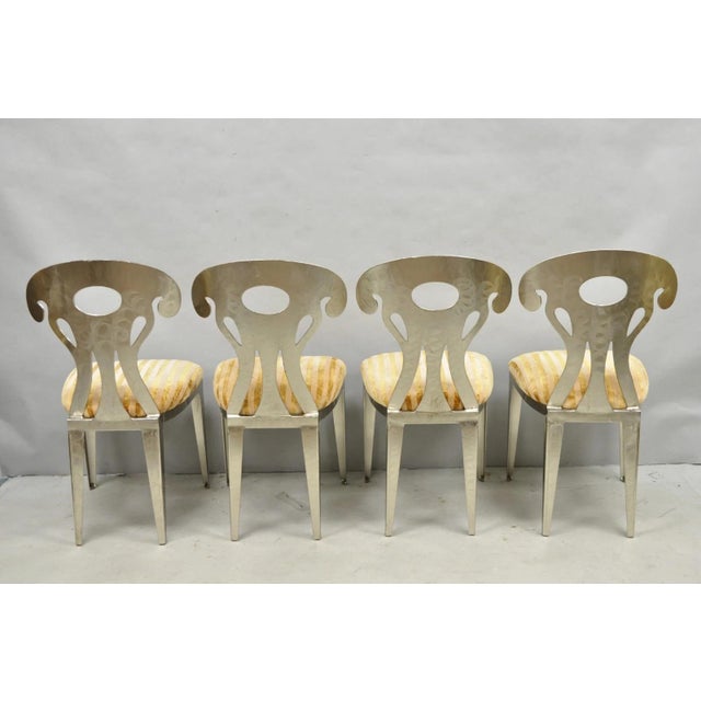 Vintage Postmodern Regency Style Brushed Steel Spade Back Dining Chairs Set of 4 For Sale - Image 12 of 18