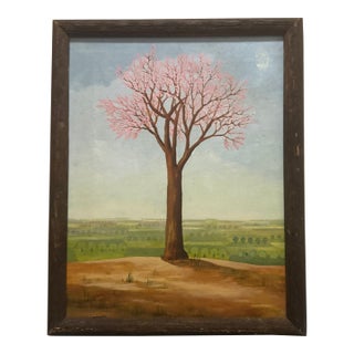 Folk Art Style Pink Flowering Tree in Spring Landscape, Oil on Board Unsigned For Sale