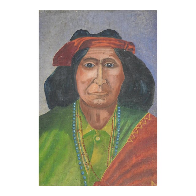 Early 20th Century Folk Art Native American Portrait Painting For Sale