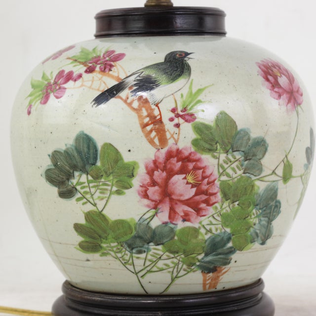 Famille Rose Antique Porcelain Vase Lamp With Bird and Peony Motif on Wood Base For Sale In New York - Image 6 of 17