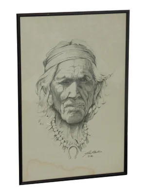 Vintage Original Sketch of Native Southwestern Man 1980 Signed John P Mullins