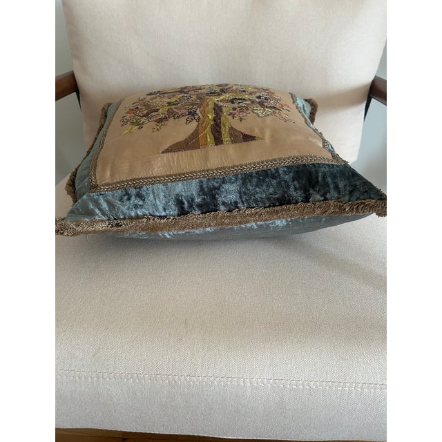 Textile Vintage Rare Tree of Life Velvet Pillow With Antique Embroidered Appliqué For Sale - Image 7 of 7