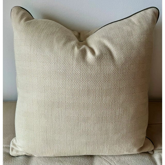 Custom Beige Wool Twill Pillow-Leather Trim-Feather Insert-20" For Sale - Image 4 of 8