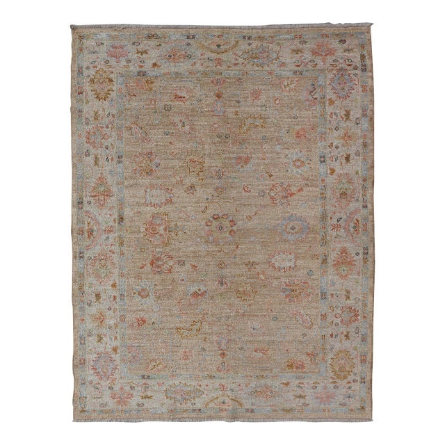 Turkish Oushak Floral Design With Color on a Taupe Field and Ivory Border 5'0 X 6'10 For Sale