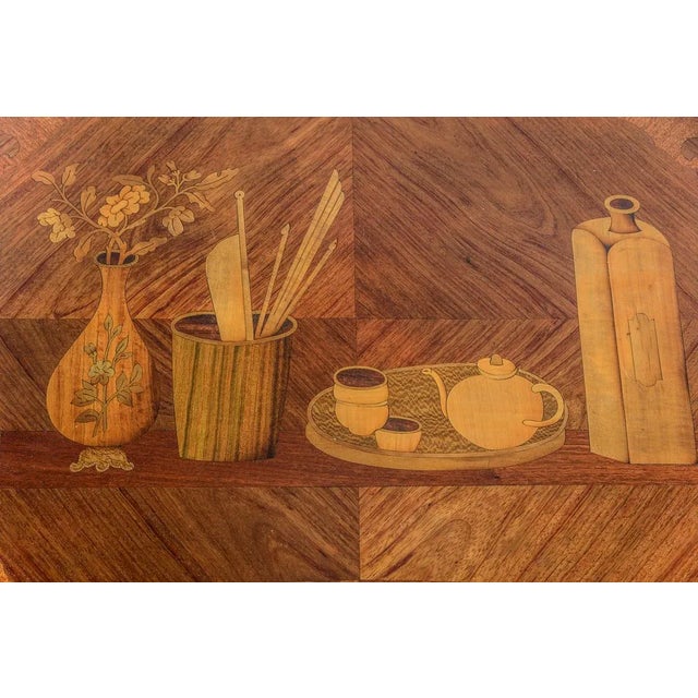 Chestnut 19Th C. French Brass Banded Marquetry Inlay Tea Table With Japanned Motif, C.1880 For Sale - Image 8 of 9