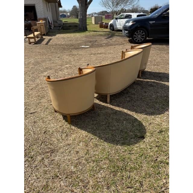 1940s French Art Deco Leather Solid Mahogany Barrel Back Club Chairs and Settees - A Set of 3 Piece For Sale - Image 6 of 17