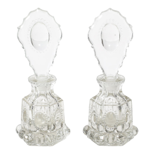 Art Deco Pressed Glass Perfume Holders W/ Scalloped Stoppers & Hobnob Detailing