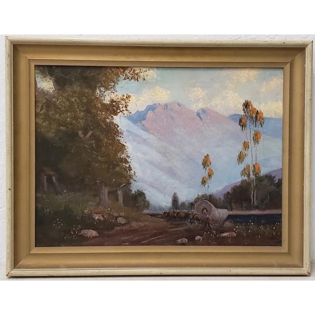Western Mountain Landscape With Oxen Wagon 20th C. For Sale - Image 10 of 10
