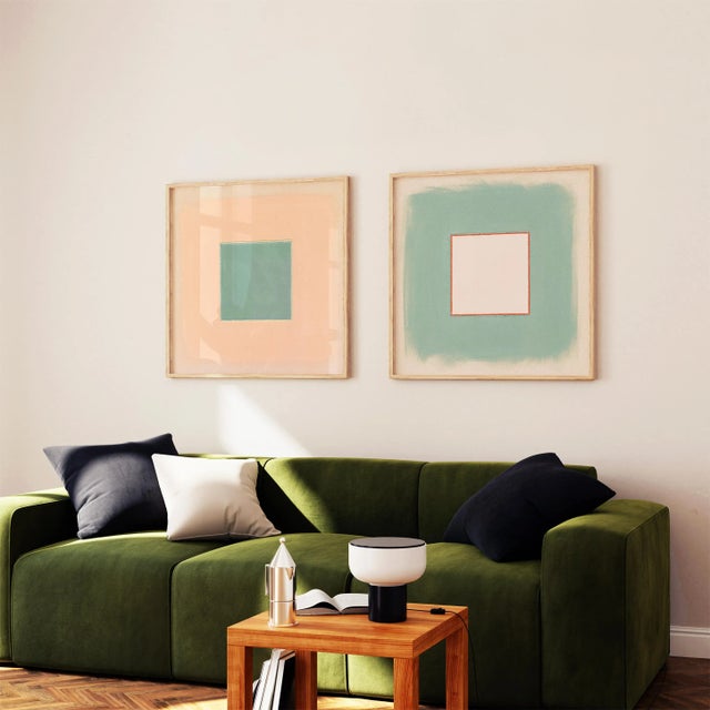 Pair of Sage Green, Pale Pink and Peach Abstract Art Prints | Set of 2, 24 X 24 Prints in Wood Frames For Sale - Image 4 of 6