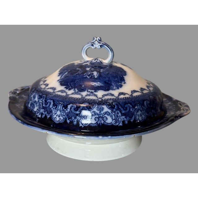 English Antique English Watteau Flow Blue Porcelain Covered Serving Dish Tureen For Sale - Image 3 of 12