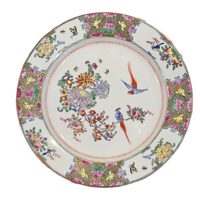 Vintage Chinese Export Tobacco Leaf Famille Rose Dinner Plates - Set of Four For Sale - Image 4 of 5