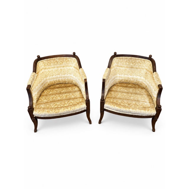 Vintage Hollywood Regency Gold Damask Barrel Lounge Chairs — Pair For Sale - Image 9 of 12