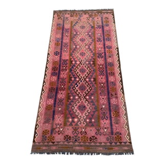 Afghan Maimana Kilim Area Rug, Handwoven Wool, 5x10, Rose & Navy For Sale