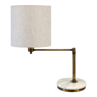 Vintage Brass-Tone Swing Arm Table Lamp With White Marble Base and Linen Shade For Sale