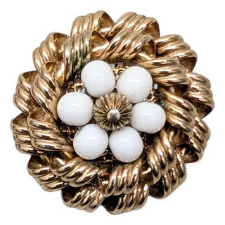 Vintage 1950s Signed Napier Round Goldtone White Beaded Brooch For Sale