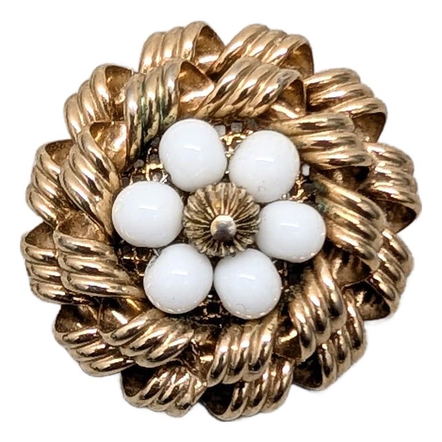 Vintage 1950s Signed Napier Round Goldtone White Beaded Brooch For Sale