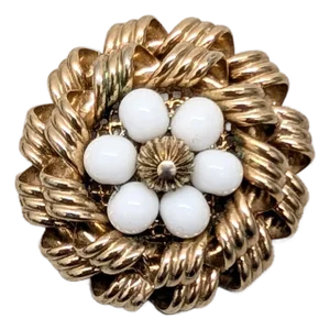 Vintage 1950s Signed Napier Round Goldtone White Beaded Brooch