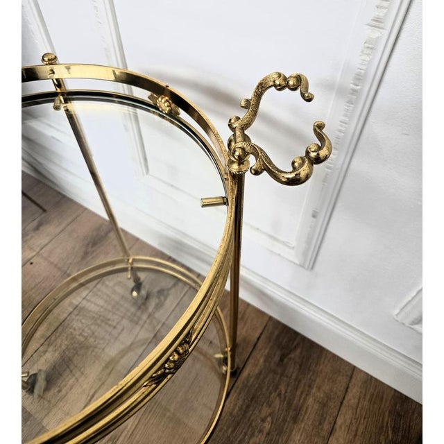 Gold Italian Hollywood Regency Round Two-Tier Brass and Glass Bar Cart from Milo Baughman, 1970s For Sale - Image 8 of 9