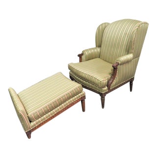 Louis XVI Carved Walnut Wing Chair & Ottoman For Sale